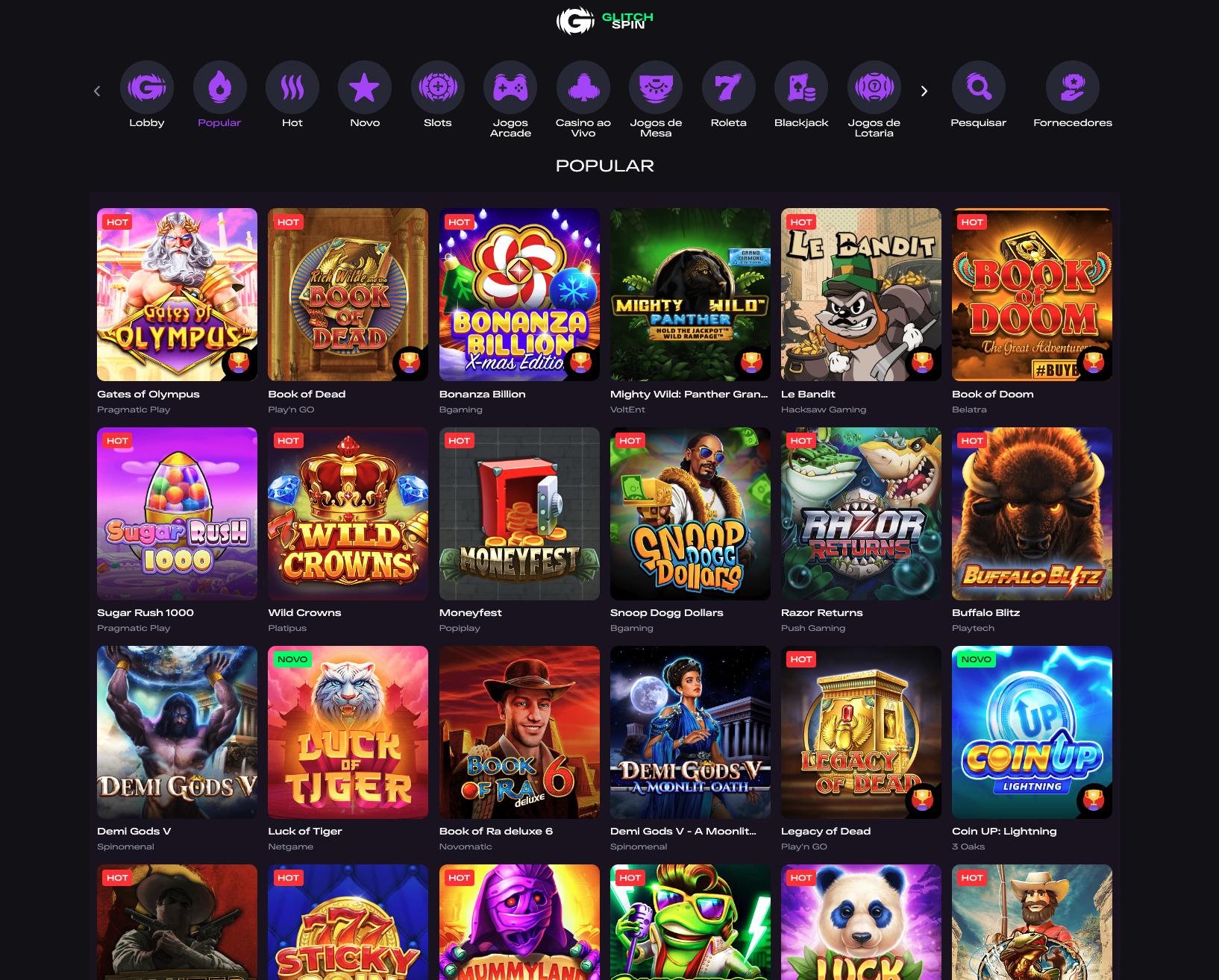 GlitchSpin Casino Jogos