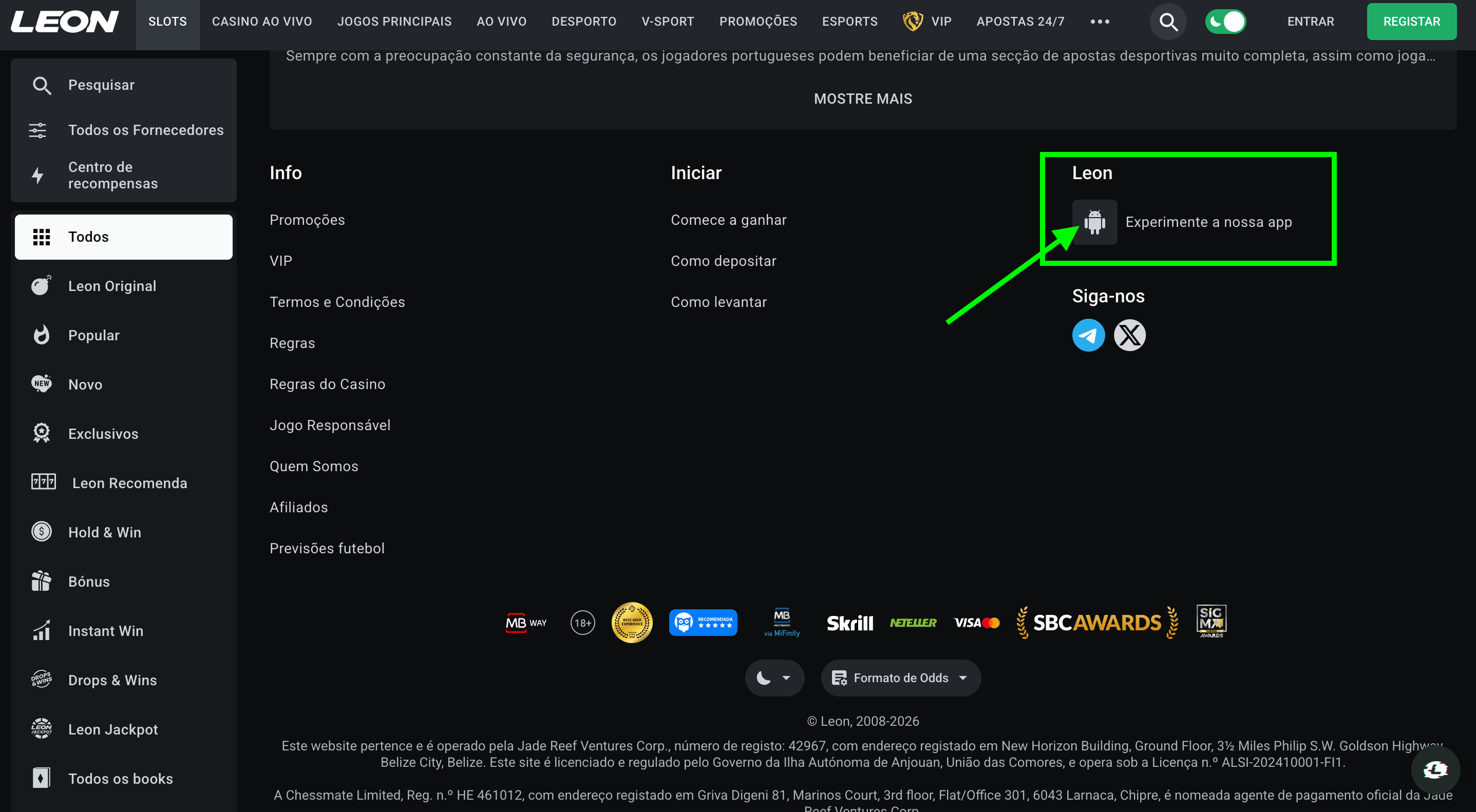 Botão de download APK Leon Casino no site oficial