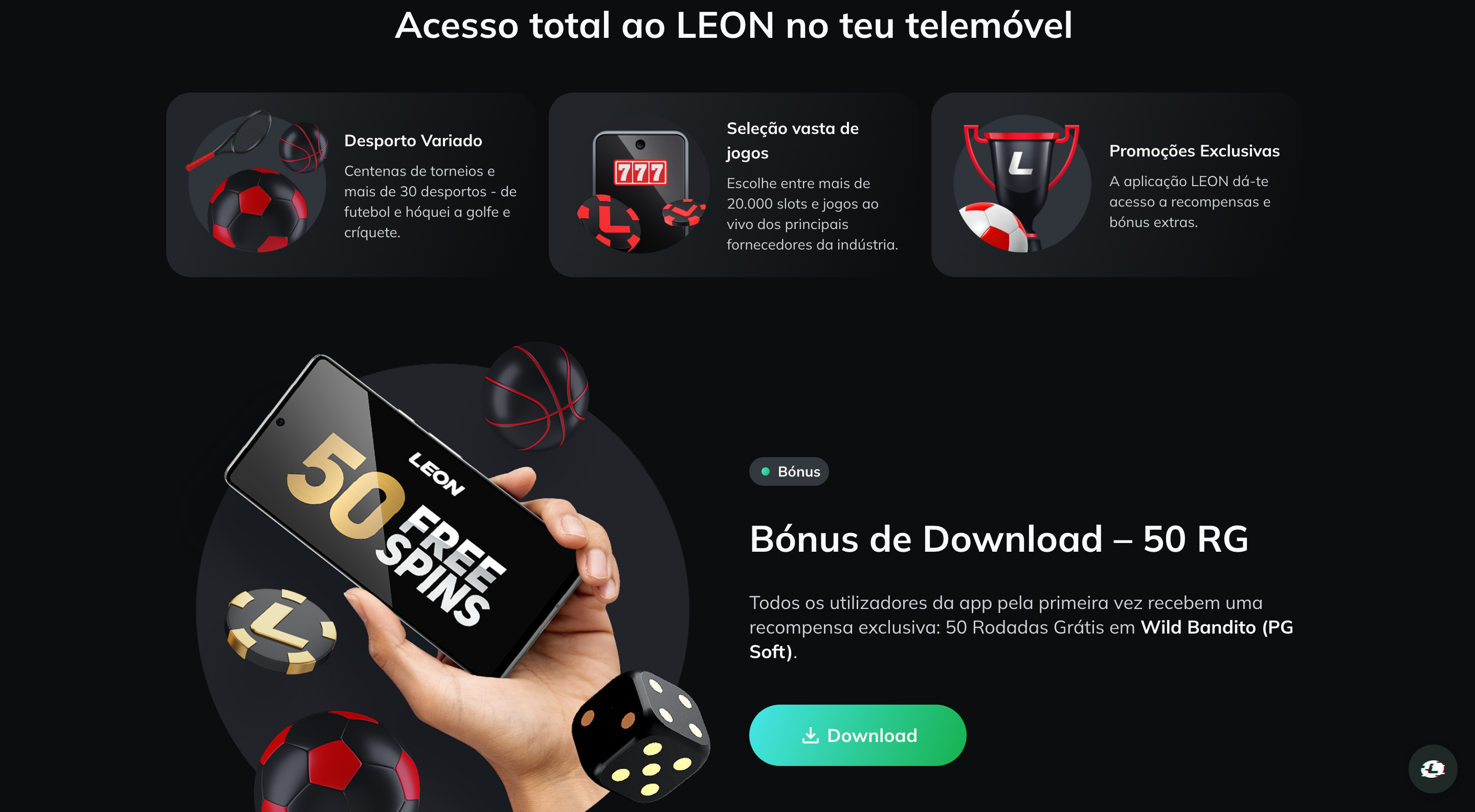 Bónus de 50 rodadas grátis ao instalar a app Leon Casino
