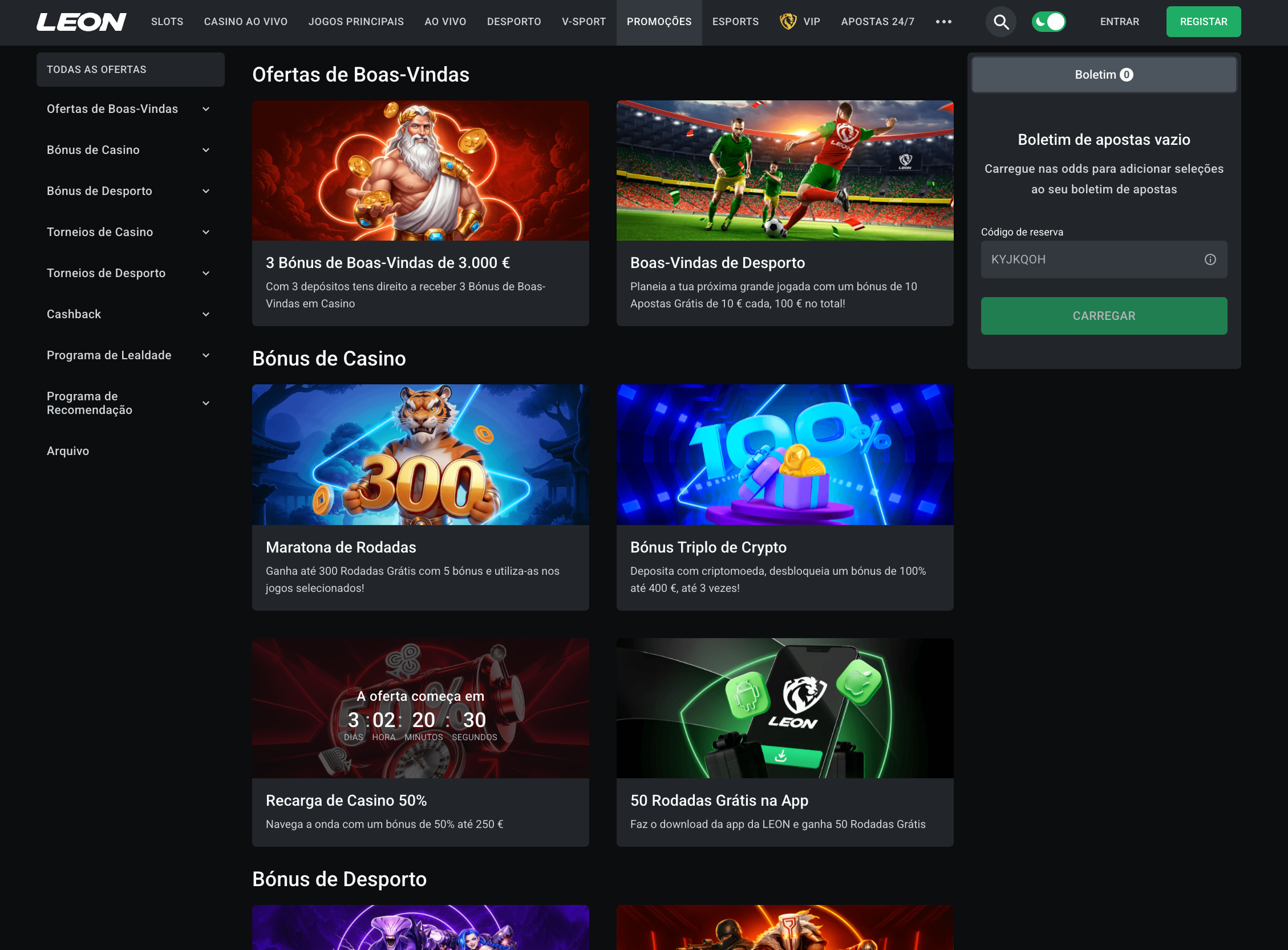 bónus Leon Casino todas as promoções disponíveis Portugal