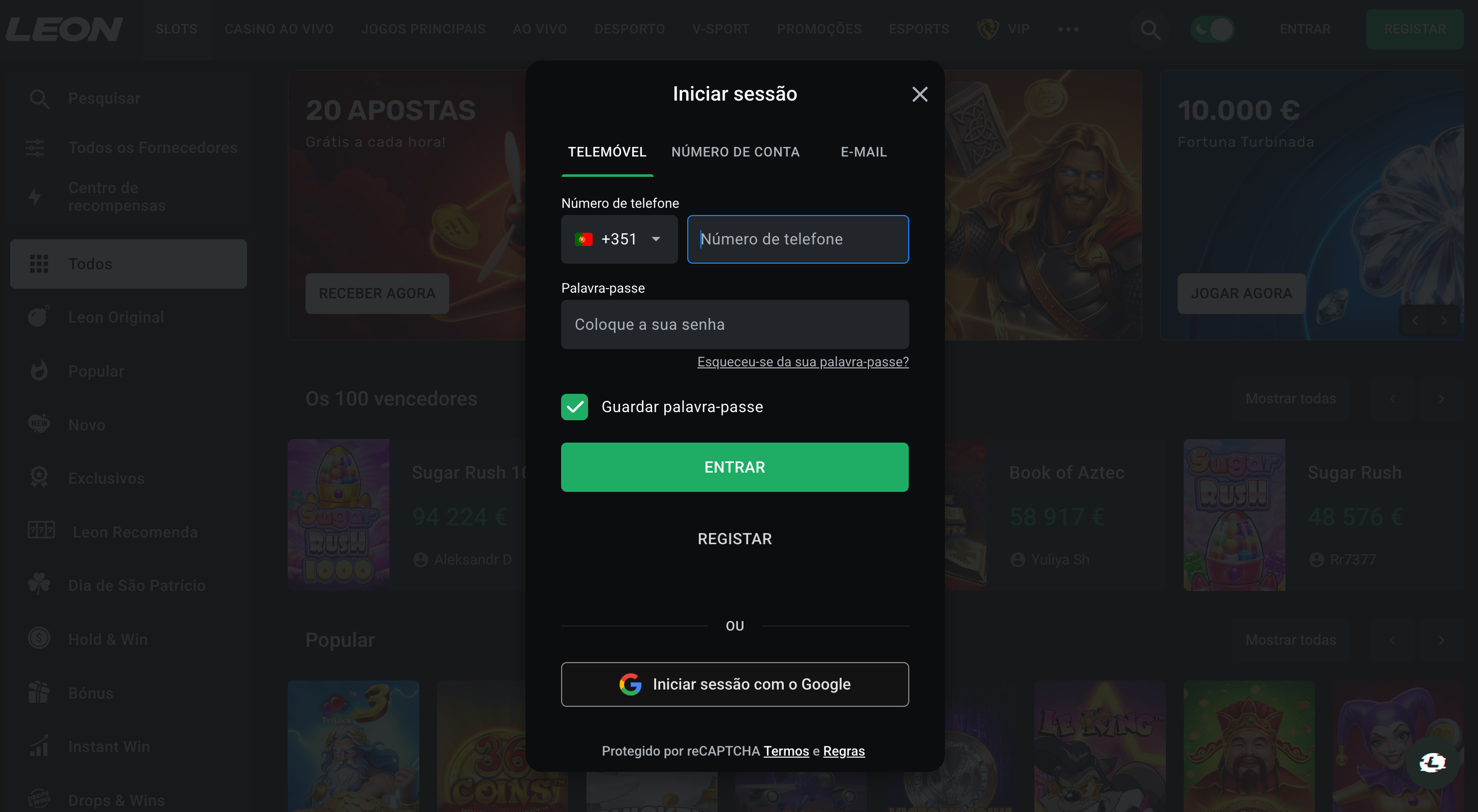Leon Casino login — formulário de acesso