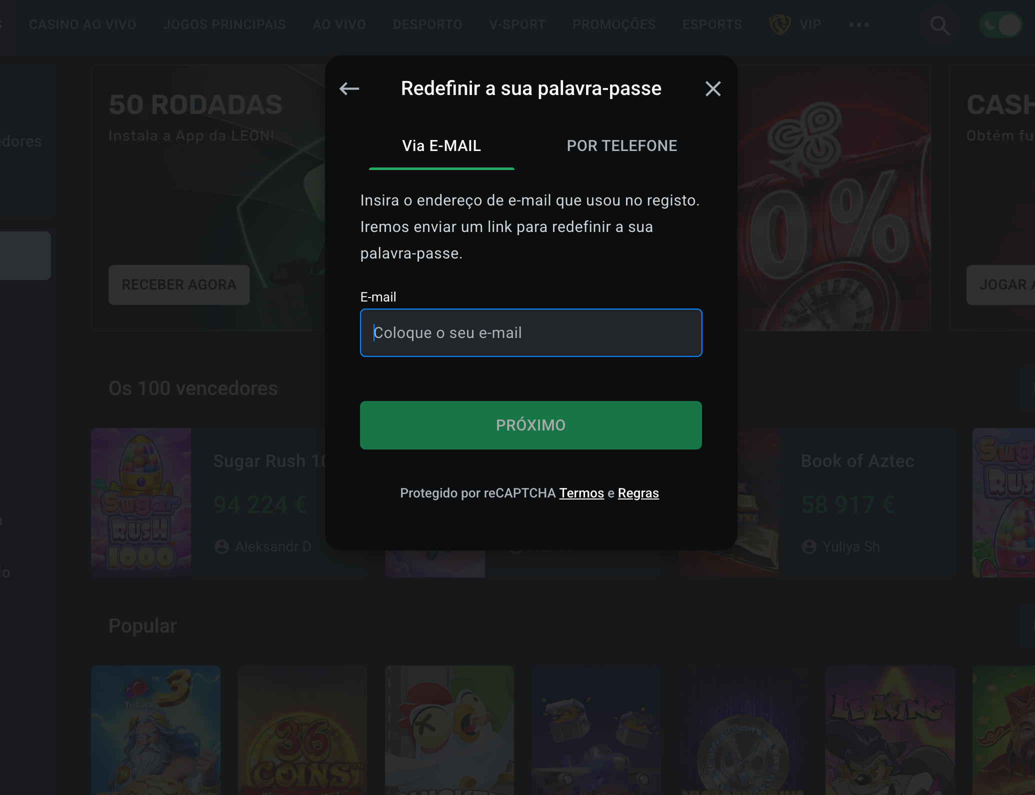 Leon Casino recuperar palavra-passe