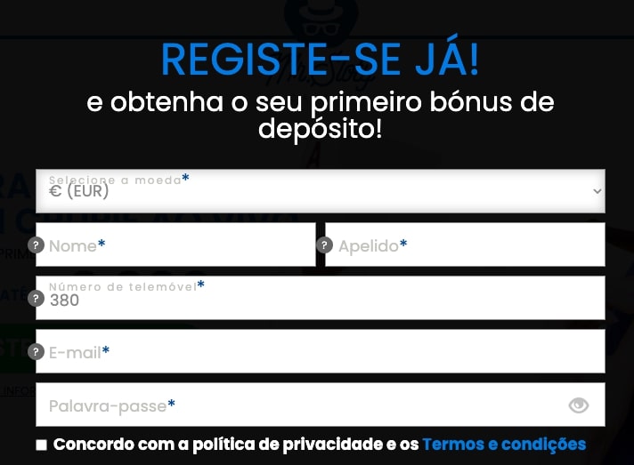Registo no MrSloty MrSloty registo