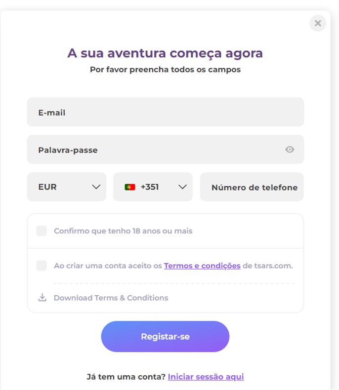 Registo no Tsars Casino Tsars Casino registo