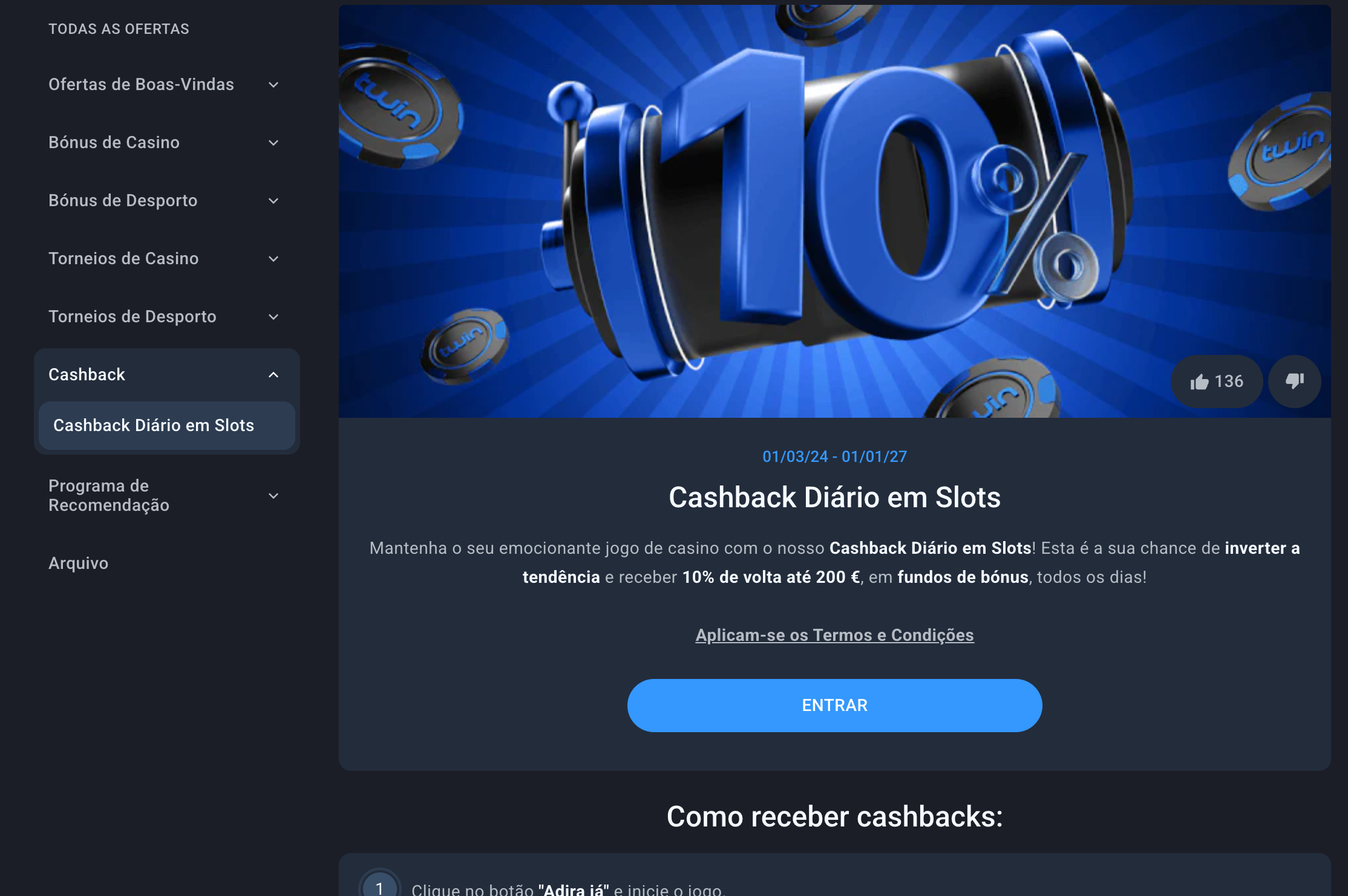 Twin Casino cashback diário slots