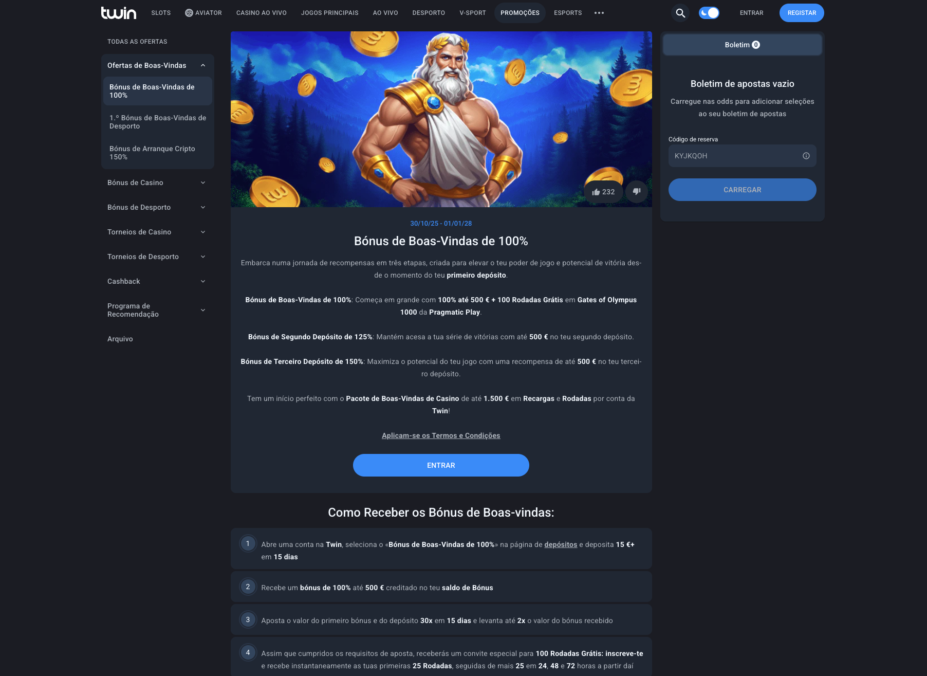 Bónus de boas-vindas Twin Casino 1500€