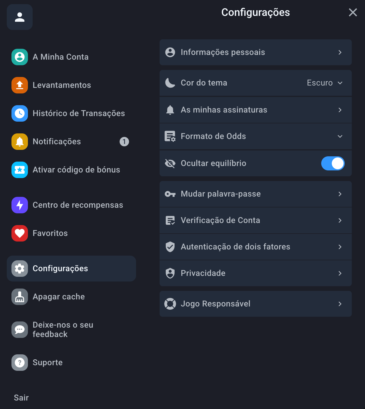Twin Casino conta pessoal — painel do jogador