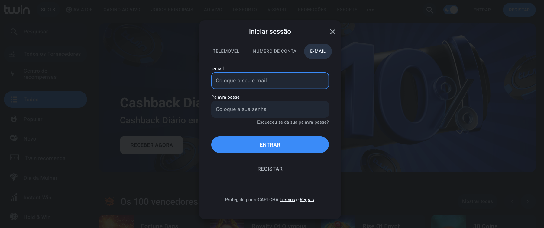 Twin Casino login — formulário de acesso