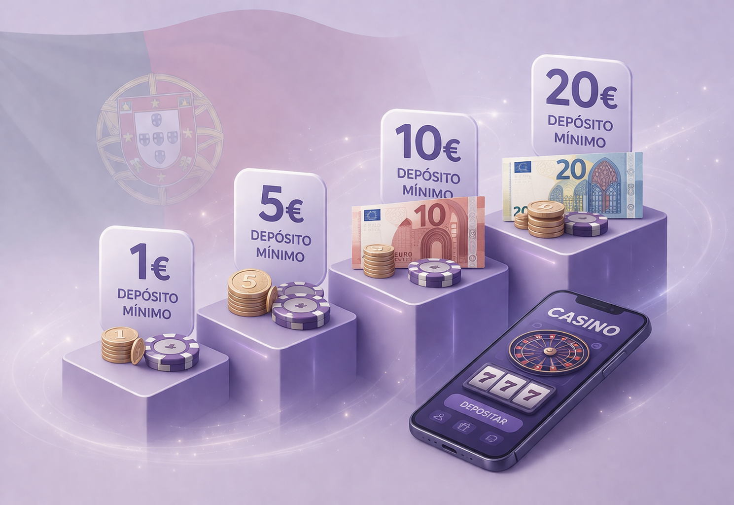 Diferentes valores de depósito mínimo em casinos online em Portugal — 1, 5, 10 e 20 euros